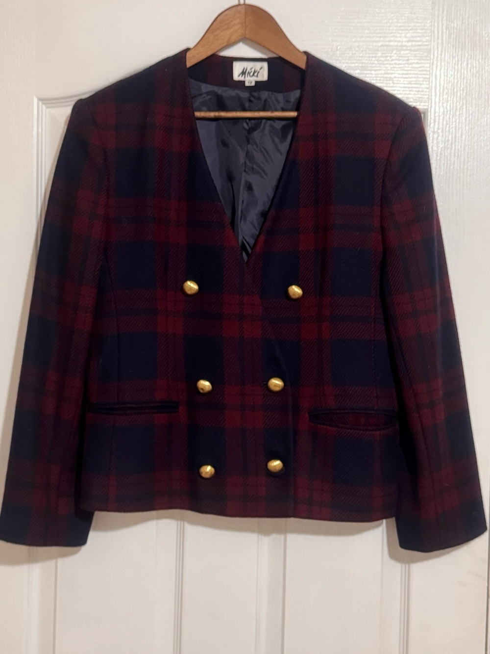 Vintage Navy and Burgundy Plaid Double-Breasted Blazer